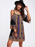 Women's Vintage Print Kimono Sleeve Geometric Tunic Boho Dress