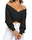 Women Casual V Neck Long Sleeve Sweaters Cross Wrap Front Off Shoulder Asymmetric Hem Knitted Crop Solid Pullover | Women's Sweaters