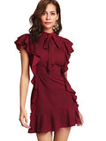 Burgundy Red Women's Tie Neck Short Sleeve Ruffle Hem Cocktail Party Dress - Floerns | Women's Cocktail Dresses