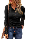 BTFBM Women Long Sleeve V Neck Button Up Solid Tops Blouses Trendy Slim Fit Lace Sleeves Ribbed Knit Casual Shirts Tunic (Lace Black, Medium) | Women's Casual Dresses