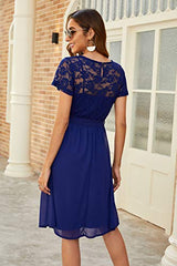 Women's Scooped Neckline Floral Lace Top Cocktail Bridesmaid Party Midi Dress My058