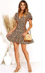 Womens Deep V Neck Floral Leopard Dress Short Sleeve Sexy Ruffles Fashion Mini Dress