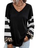 Womens V Neck Tops Long Sleeve Shirts Waffle Knit Blouse Casual Loose Oversized Pullover Sweatshirt