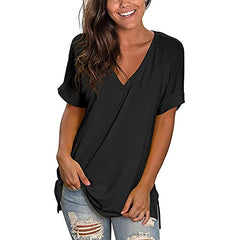 Womens Basic T Shirts Short Sleeve V Neck Casual Blouse Summer Rolled Sleeve Side Split Tunic Tops