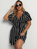 Women's Plus Size Striped Print Wrap V Neck Short Sleeve A Line Dress