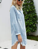 Women Denim Shirt Dresses Long Sleeve Distressed Jean Dress Button Down Casual Tunic Top