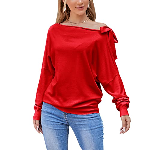 Women's Boat Neck Sweater Off Shoulder Batwing Long Sleeve Tie Knot Asymmetrical Blouse Elegant Pullover Tops