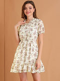 Women's Mini Ruffle Trim Fit and Flare Shirred Floral Dress | Original Brand