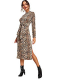 Women's Snakeskin Print Long Sleeve Tie Waist Midi Dress | Women's Work Dresses
