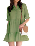 ROYLAMP Women's Summer Tunic Dress Puff Sleeve Ruffle Hem Button Down Casual Collared Shift Dress with Pockets