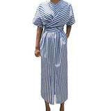 Women Dresses Summer Casual Blue Striped Bandage Split Long Dress | Original Brand