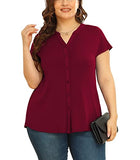 Wine Red Women's Plus Size Short Sleeve Shirt Button Down V Neck Tops Casual Blouses with Procket - TIANZHU | Women's Tops and Blouses