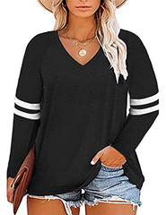 MAYFASEY Women's Plus Size Tops Striped Long Sleeve V Neck Raglan T-Shirt Color Block Casual Loose Tunic Blouses 1X-5X