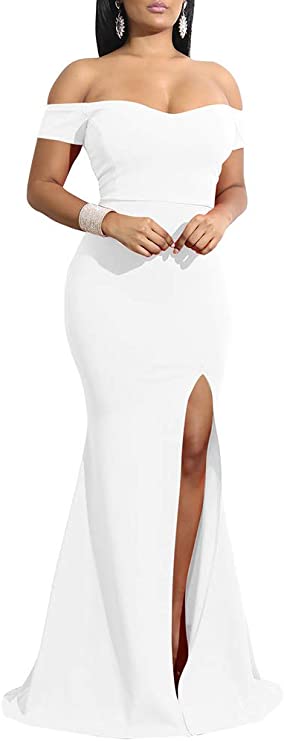 White Women's Off Shoulder High Split Long Formal Party Dress Evening Gown - Ymduch | Women's Formal Dresses