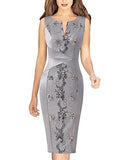 Grey Satinplusfloral Embroidery Womens Front Zipper Slim Work Office Business Cocktail Party Pencil Dress Vfshow