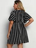 Women's Plus Size Striped Print Wrap V Neck Short Sleeve A Line Dress