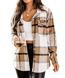 Womens Plaid Shacket Wool Blend Button Down Long Sleeve Pocketed Oversized Shirt Jacket | Women's Tops and Blouses