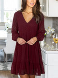 Womens Swiss Dot Dress Long Sleeve V Neck Tunic Dress Casual Flowy Ruffle Chiffon Mini Dresses | Women's Cocktail Dresses