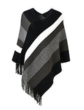 Women's Elegant Knitted Poncho Top with Stripe Patterns and Fringed Sides