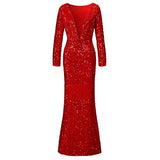 Women's Solid Sparkling Sequin Mermaid Dress Sexy Deep V-Neck Long Sleeve Party Fishtail Bodycon Dress Evening Long Cocktail Gown