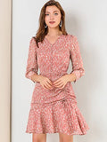 Women's 3/4 Sleeve Ruffle Hem Buttons Decor Drawstring Ruched Chiffon Dress