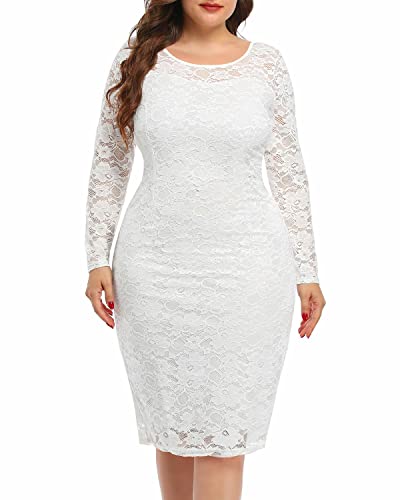 Women's Plus Size Lace Long Sleeve V-back Stretchy Bodycon Midi Wedding Cocktail Pencil Dress