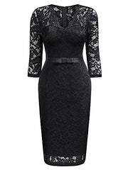 Women's Retro Floral Lace V Neck Bow Design Slim Party Dress