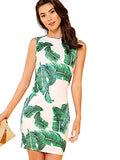 Women's Palm Leaf Print Sleeveless Round Neck Work Bodycon Dress