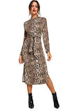 Women's Snakeskin Print Long Sleeve Tie Waist Midi Dress | Women's Work Dresses
