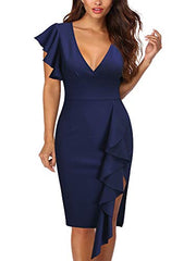 Navy Blue Women's Deep-V Neck Ruffle Sleeves Cocktail Party Pencil Slit Formal Dress - Knitee