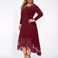 Plus Size Maxi Dress Women Sexy Fall Long Sleeve Round Neck Irregular Hem Lace Loose Dress Wedding Guest Party Dress