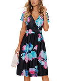 Black Pink Floral Summer Short Sleeve V-Neck Floral Casual Ladies Dress with Pockets - OUGES | Women's Casual Dresses