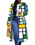 Women's Colored Geo Turn Down Collar Trench Coat Colorful Outerwear Cardigan Long Blazer Jacket