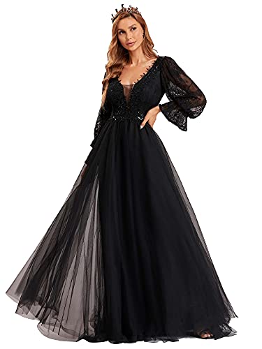 Women's V Neck Maxi Long Sleeves See-through Sexy Lace Black Wedding Dress For Bride 90336