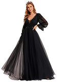Women's V Neck Maxi Long Sleeves See-through Sexy Lace Black Wedding Dress For Bride 90336 | Women's Lace Dresses