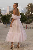 Women's Off The Shoulder Prom Dresses Tea-Length Puffy Sleeve Evening Party Gown Sweetheart Tulle Homecoming Dress