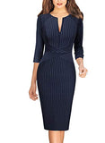 Navy Blue And White Striped Sleeve Womens Front Zipper Slim Work Office Business Cocktail Party Pencil Dress Vfshow