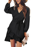 Amoretu Womens Long Sleeve Dress Wrap V Neck Ruffle Hem Short Mini Dresses