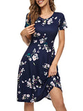 Navy Floral 2 Spring/Summer Casual Women Short Sleeve Round Neck A Line Fit and Flare Midi Skater Dress - HUHOT | Women's Casual Dresses