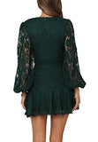 Women's Floral Flower Lace Faux Wrap Mini Dresses V Neck Long Lantern Sleeve Short Dress With Waist Ties | Women's Evening Gowns