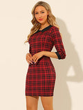 Women's Contrast Peter Pan Collar Keyhole Back Plaid Bodycon Dresses | Women's Work Dresses