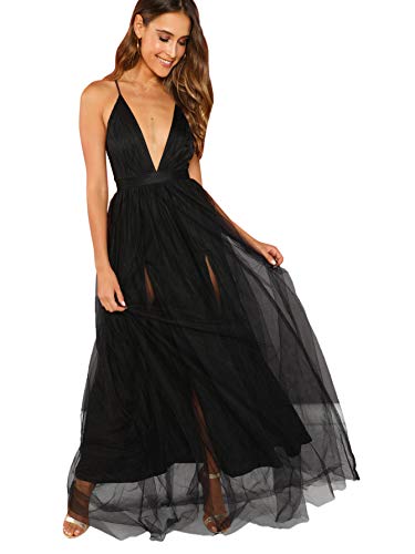 Women's Plunging Neck Spaghetti Strap Maxi Cocktail Party Dress