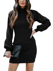 Women Turtleneck Long Sleeve Knit Pullover Sweater Bodycon Mini Dress