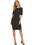 Women's Short Sleeve Plaid Grid Round Neck Elegant Sheath Pencil Bodycon Dress | Women's Work Dresses
