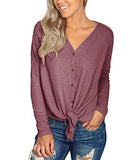 IWOLLENCE Womens Loose Henley Blouse Bat Wing Long Sleeve Button Down T Shirts Tie Front Knot Tops Rust Red Medium | Women's Tops and Blouses