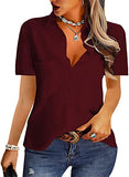Wine Red Short Sleeve Womens Casual Button Down Shirts V Neck Chiffon Long Sleeve Collared Office Work Blouses Tops with Pocket - AISEW | Women's Tops and Blouses
