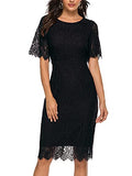 Short Black Women's Short Sleeve Lace Floral Cocktail Dress Crew Neck Knee Length for Party - MEROKEETY | Women's Cocktail Dresses