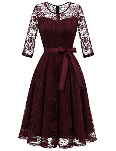 Women's Floral Lace Dress 3/4 Sleeves Bridesmaid Midi Dresses Illusion Neckline