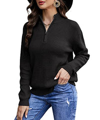 LIOFOER Womens Solid Color Long Sleeve Pullover Quarter Zip Casual Slim Sweaters