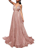 AiniDress Women's Sparkling Deep V-neck Prom Dresses Long Backless Tulle Formal Evening Gown